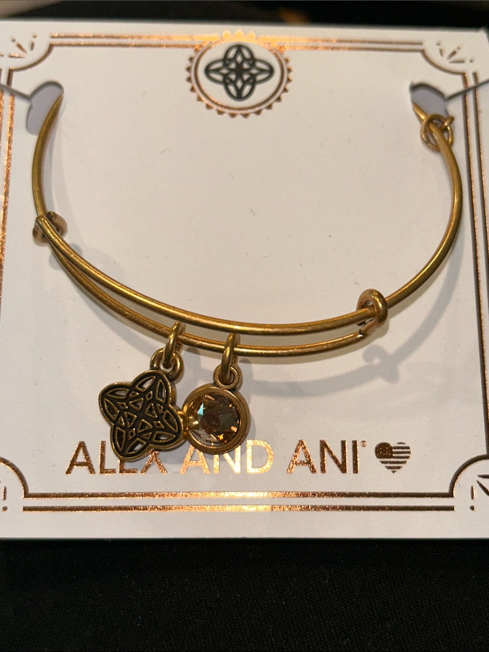 Alex and Ani Gold Tone Celtic Knot Bangle with Amber Crystal